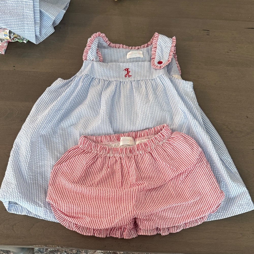 Girls Red and Blue Striped Matching short Set with A monogram. Size 10